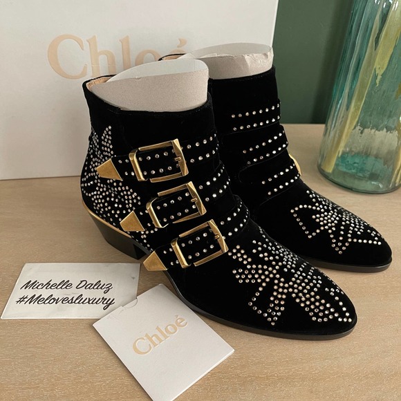 New Chloe Susanna Velvet Boots 36 Black Gold $1410 - Picture 5 of 10